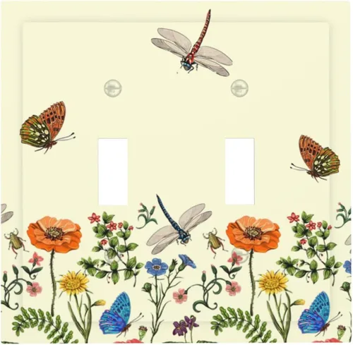 Vista 123 de Placa de Pared en Blanco de 1-Gang Sin Dispositivo Beige Lindo Vintage Boho de los 70s Hongo Fungus Planta Floral Botánica Libélula Interruptor