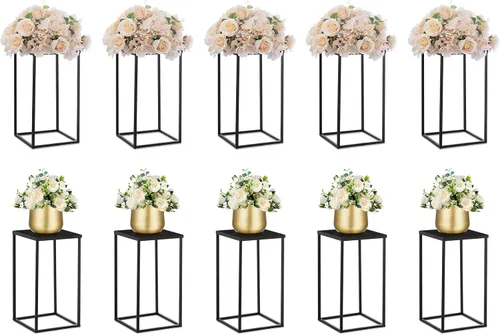 Vista 21 de Nuptio Jarrón de metal negro, 2 piezas de 15.7 pulgadas de alto, jarrones cilíndricos y cuadrados para centros de mesa, decoraciones para el hogar