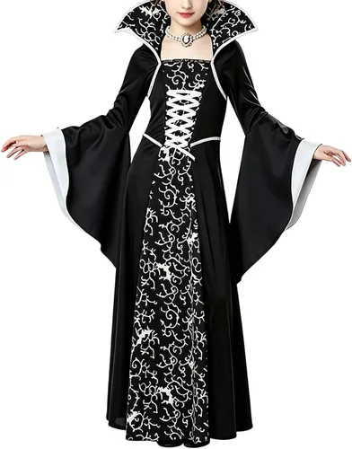 Vista 8 de Traje de Halloween para niña, disfraz de vampiro, terciopelo gótico negro y Blanco