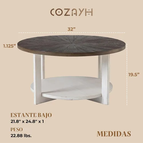 Vista 3 de Mesas de centro redondas de madera con almacenamiento, mesa de centro rústica con parte superior de madera envejecida, mesa circular grande