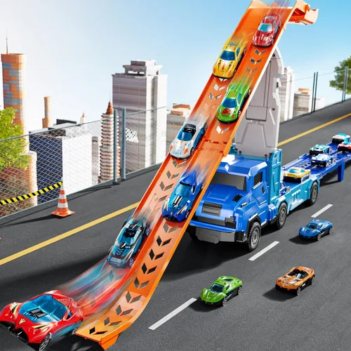 Vista 7 de Juego de camiones y coches para niños de 3, 4, 5, 6, 7, 8 años, juego de camiones transportadores con pista de 12 coches fundidos a presión