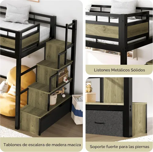 Vista 6 de soges Cama tipo loft con escaleras, cama alta de metal con cajones de almacenamiento, ideal para dormitorios, apartamentos, habitaciones de niños