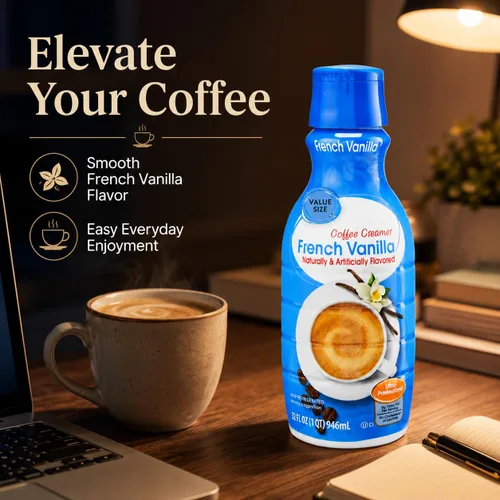 Vista 8 de Crema de café de vainilla francesa, botella de 32 onzas líquidas, crema líquida dulce y cremosa para café con cuchara de gemas de café D.A.