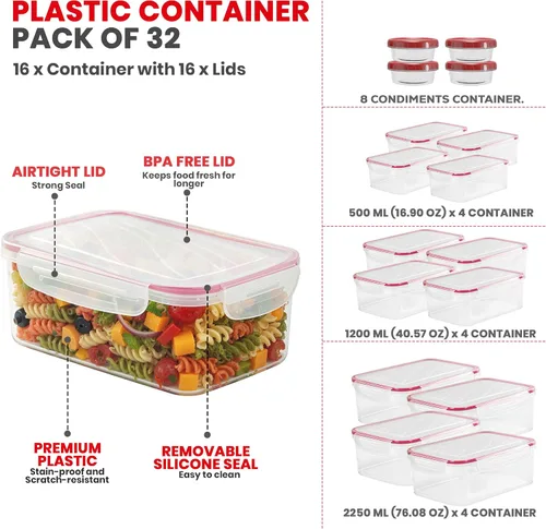 Vista 2 de Utopia Kitchen Juego de recipientes de plástico para almacenamiento de alimentos con tapas herméticas, 32 piezas