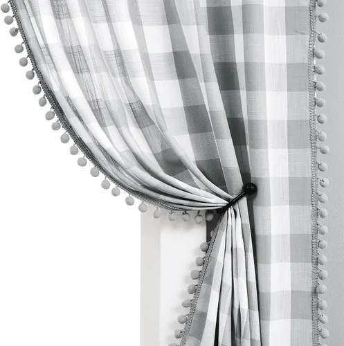 Vista 12 de Cortinas de cuadros blancos y negros con pompones, 45 pulgadas, semitransparentes a cuadros Blanco y negro