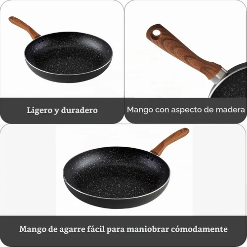 Vista 2 de IMUSA USA Woodlook Sartén de Piedra Negra de 8" con Mango de Aspecto de Madera e Interior Antiadherente Moteado, 8