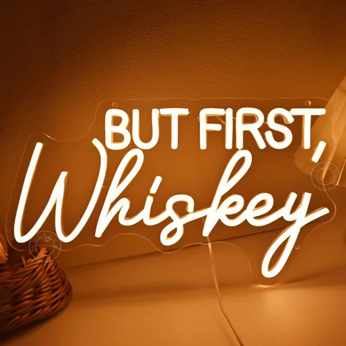 Vista 7 de SYLHOME Letrero de luz LED de neón "But First Whiskey", para el hogar, bar, dormitorio, pub, letrero de pared, decoración de boda, cumpleaños