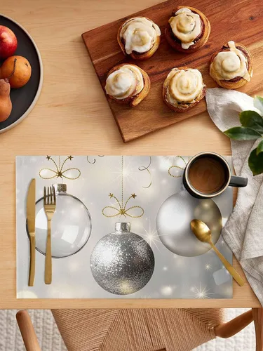 Vista 3 de Juego de 6 manteles individuales de bolas de Navidad para mesa de comedor, paño de lino de algodón para mesa cuadrada/rectangular/redonda
