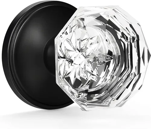 Vista 24 de Gobrico Pomo de puerta de cristal para dormitorio y baño con roseta clásica negro mate, diamante transparente octogonal para puerta interior, 1