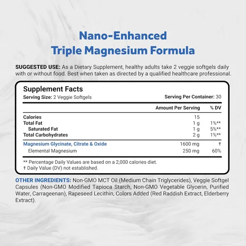 Vista 2 de Naturalis Complejo vegano de triple magnesio Glicinato quelado, citrato y óxido de 1600 mg que proporciona 250 mg de magnesio elemental Fácil