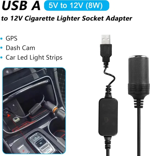 Vista 2 de CERRXIAN Cable de alimentación adaptador de toma de mechero de cigarrillos de 12V 8W macho USB A de 1 pie para cámara de salpicadero, GPS, tiras