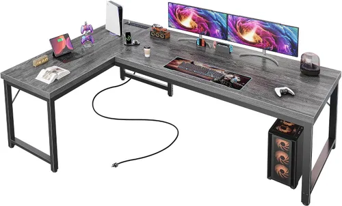 Vista 10 de Huuger Escritorio en forma de L de 55 pulgadas con tomas de corriente y puerto USB-C, escritorio de computadora reversible, escritorio de esquina
