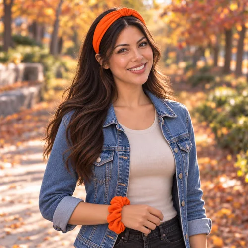 Vista 5 de Juego de diadema y coletero naranja de otoño, accesorios para el cabello a juego para mujeres y niñas para otoño, Halloween, Acción de Gracias
