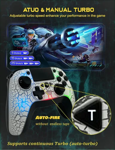 Vista 5 de Controlador inalámbrico para PS4, mando a distancia inalámbrico con diseño único agrietado8 colores LED ajustablesbotones traseros programablesSuper