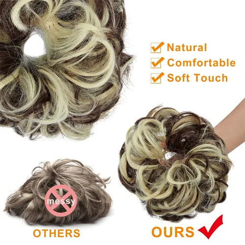 Vista 4 de Extensiones de moño de pelo desordenado, rizado, ondulado, desordenado, sintético, postizo de pelo para mujeres Mezcla de marrón negro y rubio
