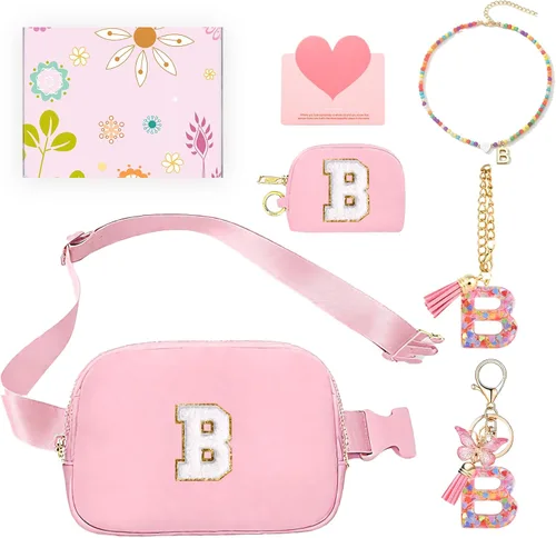 Vista 9 de Regalos de moda para niñas adolescentes, cangurera con monograma para niña con llavero, collar, dijes de taza, tarjeta de felicitación y caja