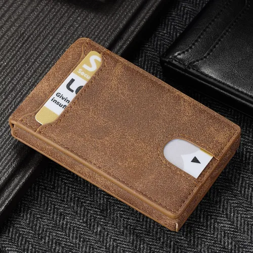 Vista 3 de Cartera inteligente para hombre, delgada, minimalista, con tarjetero, Cuero Marrón, Minimalista