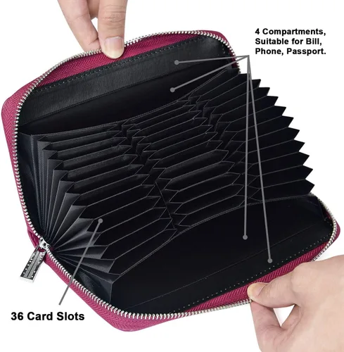 Vista 3 de CILLA Cartera con bloqueo RFID para mujer, 36 ranuras para tarjetas, cremallera de cuero auténtico, Rojo -, Casual