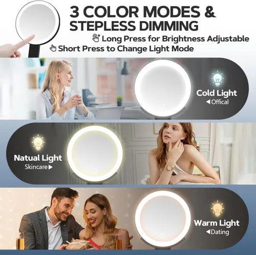 Vista 3 de Espejo de maquillaje iluminado, espejo de aumento 30X con luz, espejo colgante y de mano con asa, negro