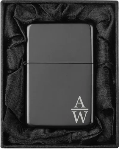 Vista 34 de Encendedor personalizado grabado en caja de regalo forrada en seda negra (Monograma circular 2, negro)