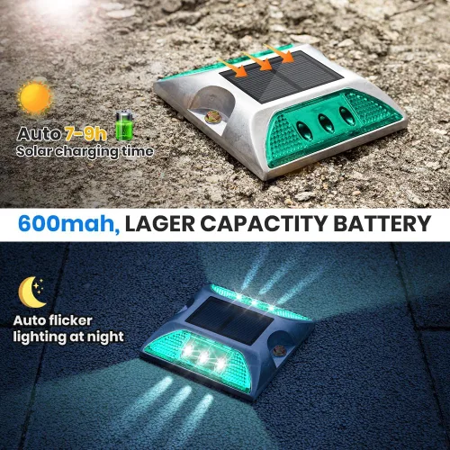 Vista 4 de Perno solar para carretera, 8 unidades, verde, LED, IP68 impermeable, automático, estilo moderno, 4.13 pulgadas de largo x 4.13 pulgadas de ancho x