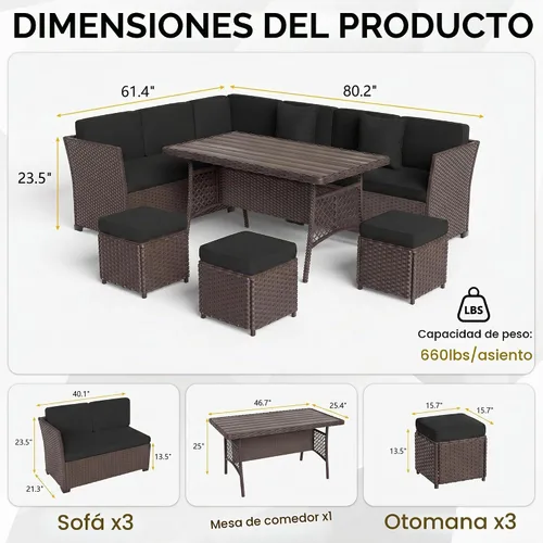Vista 2 de Juego de muebles de patio, 7 piezas, juego de comedor al aire libre, juego de conversación de ratán para todo tipo de clima, sofá modular de comedor