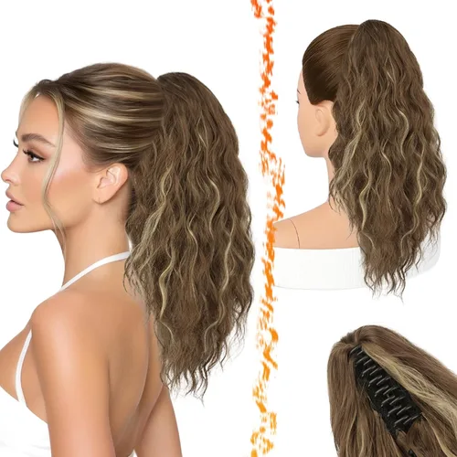 Vista 22 de BARSDAR Extensión de Cola de Caballo Marrón - Extensiones de Cola de Caballo con Pinza de 18 Pulgadas para Mujeres - Extensiones de Cabello Mezcla