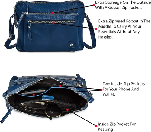Vista 3 de Bolso cruzados pequeño y cartera de cuero auténtico granulado suave, bolso de hombro cruzado tipo bandolera de calidad prémium y triple cremallera