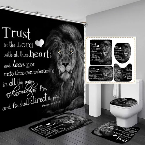 Vista 18 de Juego de 4 cortinas de ducha de rey león negro, citas inspiradoras, palabras motivacionales positivas y educativas, decoración de baño de animales