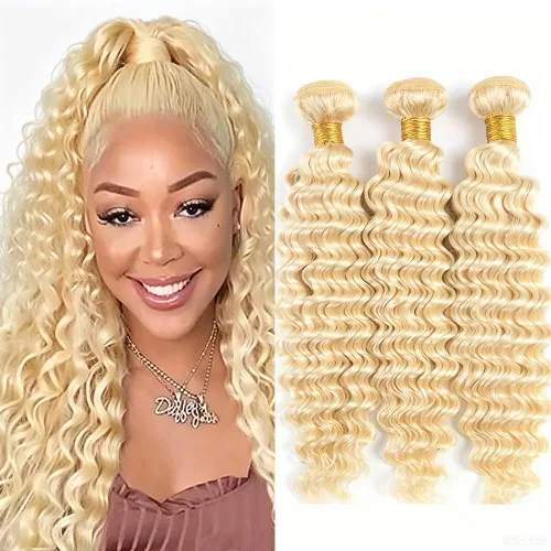 Vista 299 de P4613 Cabello humano rizado onda profunda marrón y paquetes mixtos 8 10 12 P4613 Ombre Marrón-Rubio-DP