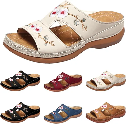 Vista 23 de Sandalias ortopédicas con soporte de arco, sandalias planas para exteriores, estilo bohemio, para caminar, cómodas, elegantes, informales
