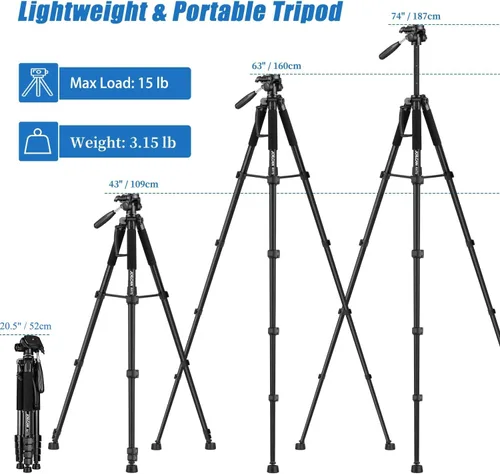 Vista 2 de JOILCAN Trípodes para cámara, trípode de 74 pulgadas para grabación de video, cámaras de alta resistencia, trípode DSLR de viaje profesional, Negro