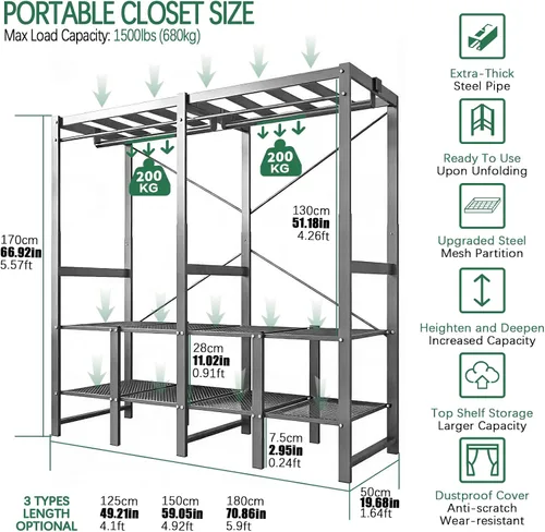 Vista 3 de Garment Rack with Cover Heavy Duty Portable Wardrobe Closet Grey 49.25in