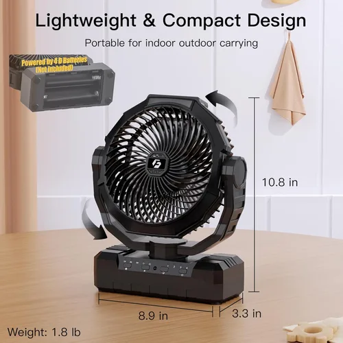 Vista 7 de Ventilador operado por batería Wavmill [200H Max], ventiladores alimentados por batería de celda D y USB 2 en 1, ventilador portátil para acampar