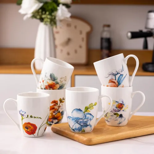 Vista 6 de GBhome Juego de 6 tazas de café de 12 onzas, tazas de café de cerámica con flores adhesivas para hombre, mujer, mamá, papá, juego de tazas de café