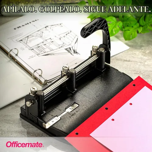 Vista 4 de Officemate Punzón de 2 a 3 agujeros ajustable resistente con mango de palanca, capacidad de 32 hojas, negro (90078)