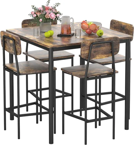 Vista 10 de Juego de mesa de comedor para 4, mesa de cocina de 5 piezas con sillas, juego de comedor industrial resistente que ahorra espacio para pub, cenas