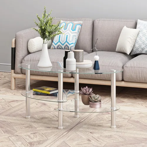 Vista 7 de Mesa auxiliar ovalada de vidrio templado de 3 capas con patas de madera de roble de almacenamiento, mesa auxiliar moderna para sala de estar