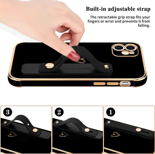 Vista 3 de LLZ.COQUE Funda compatible con iPhone 12 para mujeres y niñas, parachoques chapado de lujo con bonito diseño de corazón de amor, soporte de correa