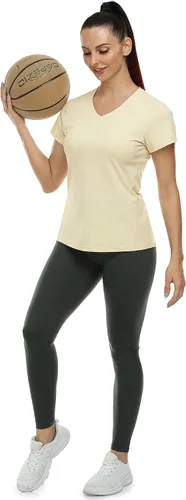 Vista 6 de Icyzone - Camisetas deportivas de cuello en V y manga corta para mujer, ropa de entrenamiento para yoga, correr, acondicionamiento físico y deportes