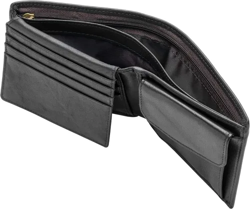 Vista 4 de Billetera plegable de cuero genuino con bloqueo RFID para hombres con cremallera y bolsillo para monedas L