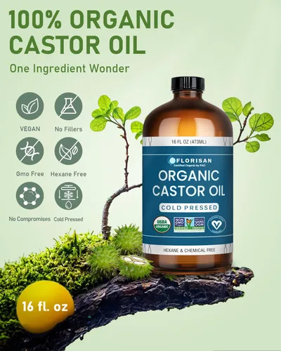 Vista 3 de Florisan Aceite de ricino orgánico certificado por USDA, botella de vidrio de 16 onzas, prensado en frío, sin hexano, sin OMG, vegano, 100% puro
