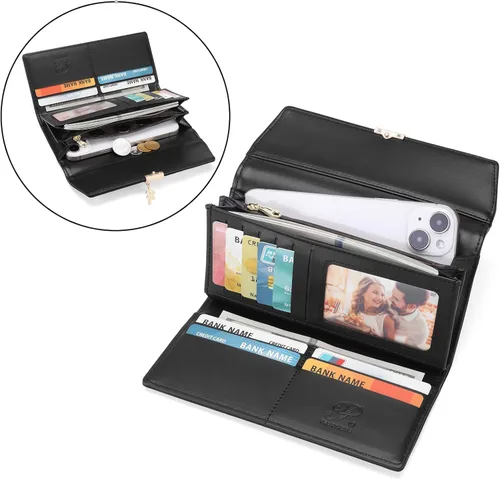 Vista 7 de aurrako Carteras de cuero para mujer, tarjetero de cuero RFID, triple pliegue, monedas, bolsillo con cremallera y ventana de identificación, gran