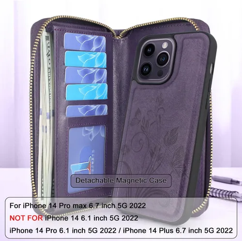 Vista 2 de Funda compatible con iPhone 14 PRO MAX de 6.7 pulgadas 2022, funda cruzada con doble cremallera, desmontable, magnética, de cuero, funda