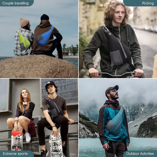 Vista 6 de WOOMADA Bolso bandolera pequeño para hombres y mujeres, mochila de viaje cruzada con agujero oculto para auriculares