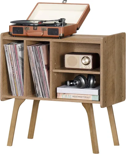 Vista 7 de LELELINKY Soporte para tocadiscos, mesa de almacenamiento de discos de vinilo con 4 gabinetes de hasta 120 álbumes, soporte para tocadiscos