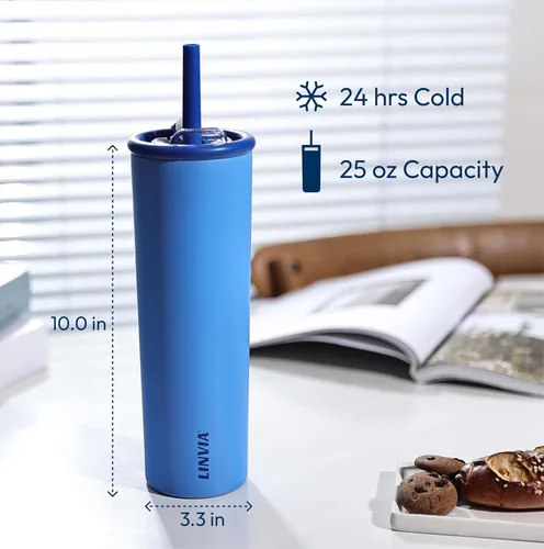Vista 5 de Vaso de caramelo, botella de agua aislada de acero inoxidable de 25 onzas, tapa 2 en 1 con popote flexible, sin BPA, apto para vasos, apto