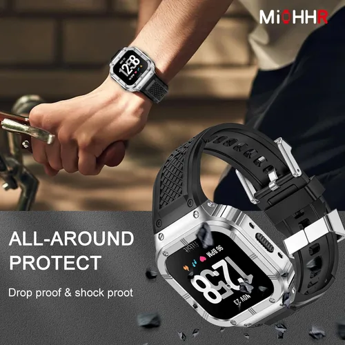 Vista 3 de MioHHR Funda y correa de acero inoxidable compatible con Fitbit Versa 4/3/2/Lite/Sense/Sense 2 bandas con funda de metal, resistente cubierta