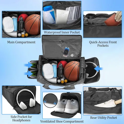 Vista 5 de ORKELS Bolsa de gimnasio con compartimento para zapatos, bolsa deportiva de 29 litros para hombres y mujeres, mochila de viaje con bolsillo húmedo