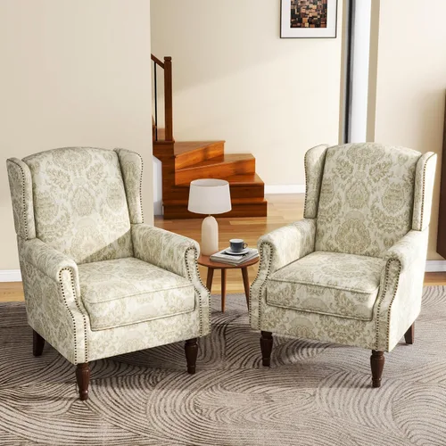 Vista 25 de High Back Accent Chair, Fabric Upholstered Armchair Wingback Chair for Living Room, Comfy Bedroom Reading Seat with Solid Wood Legs, Beige